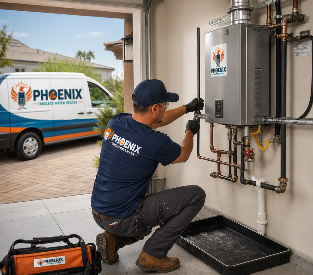A Phoenix technician installing a new water heater in a clean garage utility area with the drip pan and seismic strapping visible