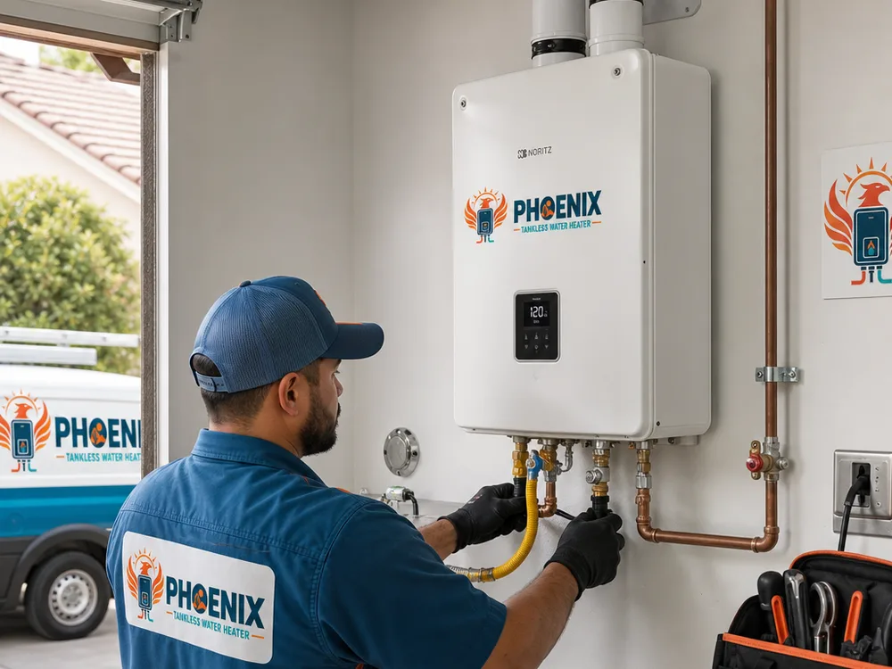 A wall-mounted tankless water heater with neatly routed gas line, isolation valves, service ports, and venting in a Phoenix garage
